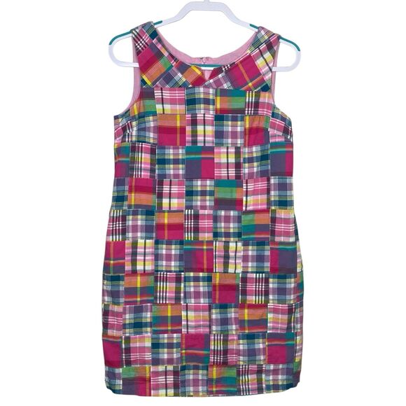 Talbots Dress Womens 8 Petite Pink Blue Plaid Patchwork Madras Preppy Pockets - Picture 1 of 10